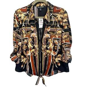 NEW INC Women’s Front Tie Button-Front Collared Leopard Floral Print Blouse - XL
